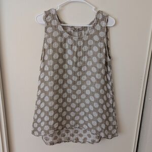 FLAX Womens Small 100% Linen Polka Dot Tank Top Beige White Vacation Resortwear